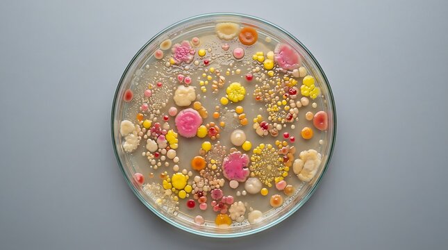 Microbial Growth in Agar Petri Dish, Bacteria Culture Laboratory Analysis, Medical Research and Biotechnology Concept