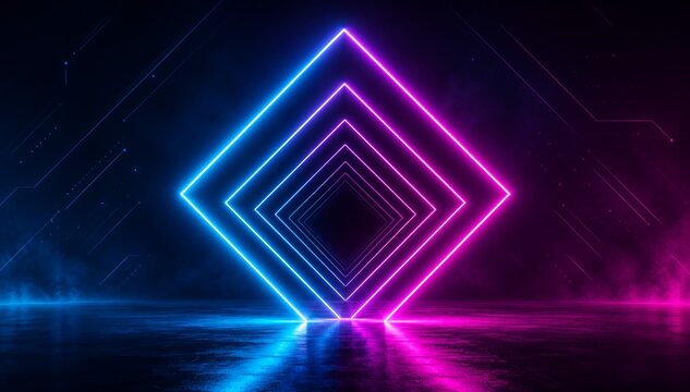 Abstract Neon Corridor with Glowing Square Portal, Laser Show, Fashion Podium and Ultraviolet Light, Modern 3D Background