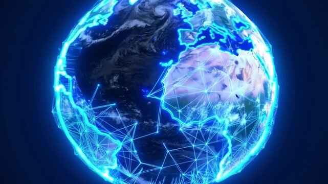 Global Digital Network Over Planet Earth Glowing Blue Fiber Optic Grid