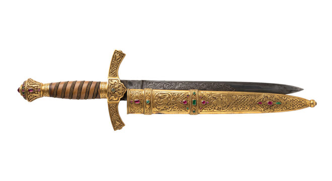 Ornate antique dagger with gold hilt and jeweled scabbard