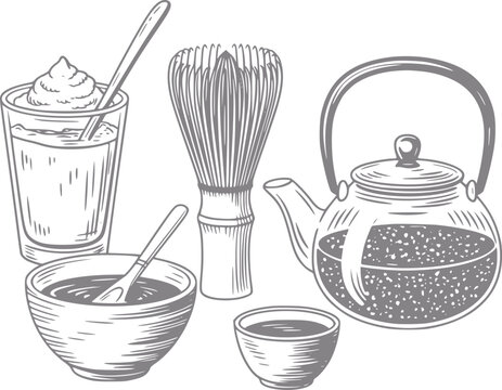 Dibujo a mano de un juego de t&eacute; matcha con tetera de vidrio, batidor de bamb&uacute;, cuenco y bebida cremosa de matcha latte