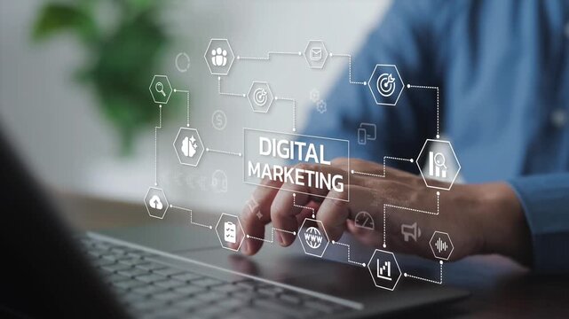Analyzing a digital marketing strategy network and audience targeting campaign on an interface while typing on a laptop. Concept of online promotion, brand awareness, and content channel.