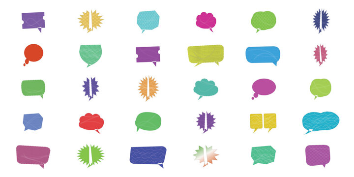 Collection of colorful speech bubbles and thought clouds in various shapes and styles for creative graphic design projects