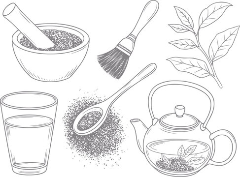 Conjunto dibujado a mano con hojas de t&eacute;, una tetera de vidrio, un mortero con mazo e ingredientes de t&eacute; sueltos