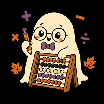 Retro textured cartoon character design of a nerdy ghost with glasses learning math on an abacus, a playful autumn scene for an educational Halloween mascot or back to school graphic.