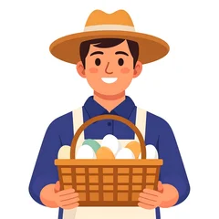 Happy farmer holding basket of fresh vegetables. © D