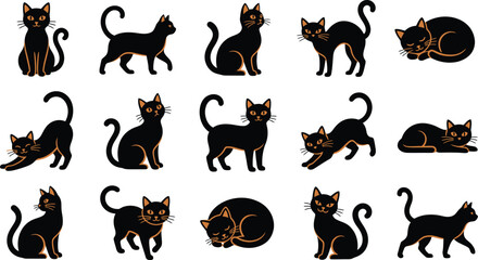 Obraz premium Set of various black cat illustrations in different poses perfect for halloween themed designs and spooky holiday craft projects