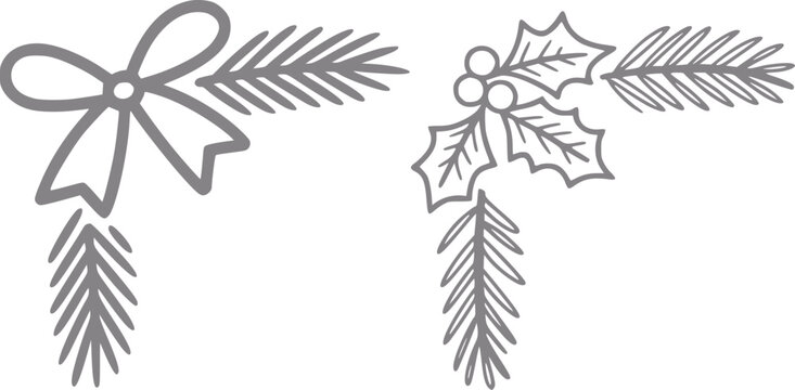 Juego de dos esquinas navide&ntilde;as decorativas con ramas de pino, un lazo festivo y hojas de acebo con bayas