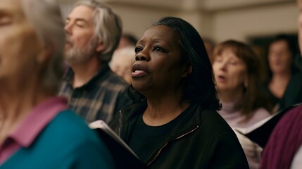Obraz premium A group of people sing together indoors during a choir rehearsal focused and engaged in their performance