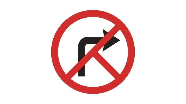 No right turn traffic sign. Prohibited direction road symbol on white background.