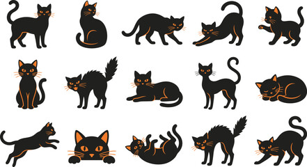 Obraz premium Set of various black cats in different poses isolated on white background for spooky halloween holiday design projects