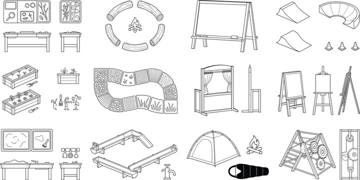 Outdoor Recreation CAD Drawing Collection with Playground Camping Garden and Activity Elements Vector Set