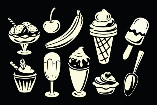 Set of ice cream icons, vector illustration of frozen desserts, sweet treats, sundae, popsicle, banana split, and milkshake