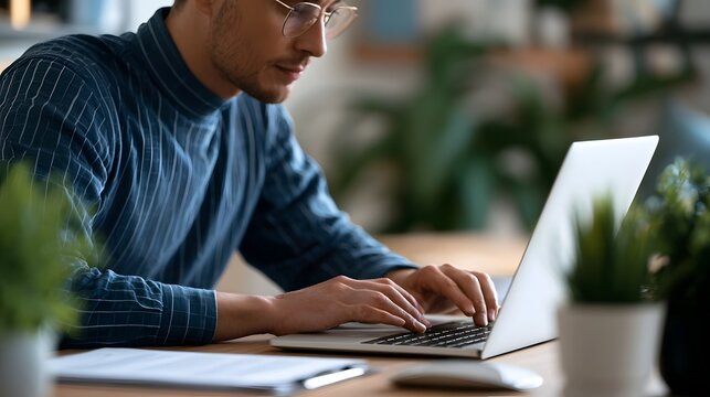 A man wearing glasses is focused on typing at a laptop computer while seated at a wooden desk surrounded by small potted plants