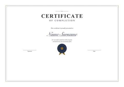 Certificate of completion template modern minimal navy border award blank editable