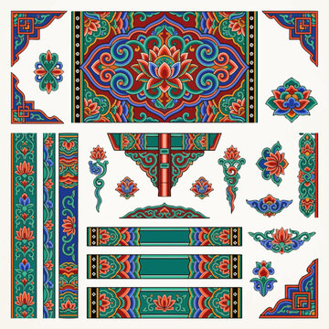 Vibrant Korean Traditional Patterns and Ornaments with Lotus Flowers