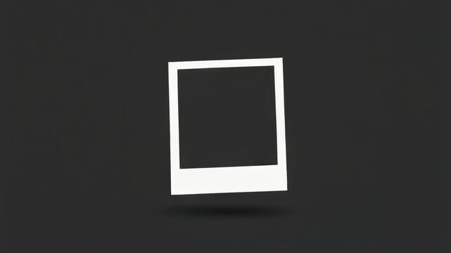 Instant photo frame falling 3D animation. Blank white polaroid style border drops onto dark grey background with soft shadow. Minimalist graphic for photography and memory concepts.