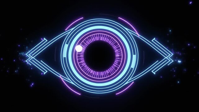 Cyber eye digital HUD loop animation. Glowing blue and purple neon geometric shapes rotating on a black background. High tech surveillance and data tracking motion graphics for sci-fi tech.