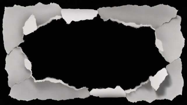 Torn paper frame video footage. Ragged white paper edges forming a hole on a black background. Stop motion style animation for creative video transitions, overlays, and cinematic title reveals.