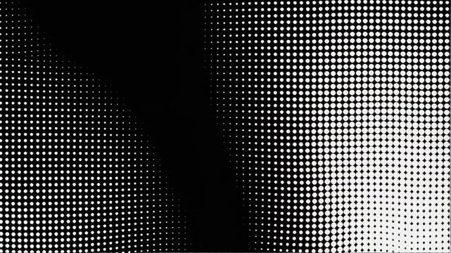 Halftone dot pattern transition video. Monochrome white dots on black background pulsing and moving. Abstract geometric animation for motion graphics and digital overlays. Modern minimal aesthetic.