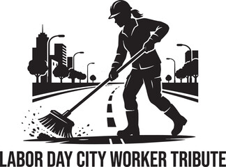 Obraz premium Black and white silhouette of a city worker sweeping the street for labor day celebration Vector
