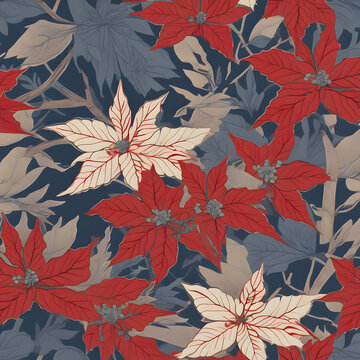 Elegant vintage seamless botanical pattern with red and cream poinsettia flowers and blue leaves on dark background