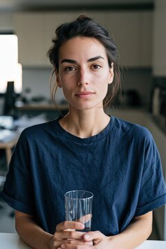 Frontal young woman portrait holding a glass of water in a kitchen for lifestyle banner and background