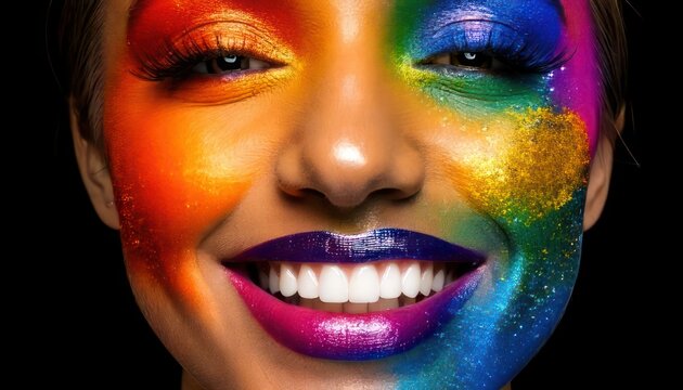 Woman with colorful makeup smiling brightly.