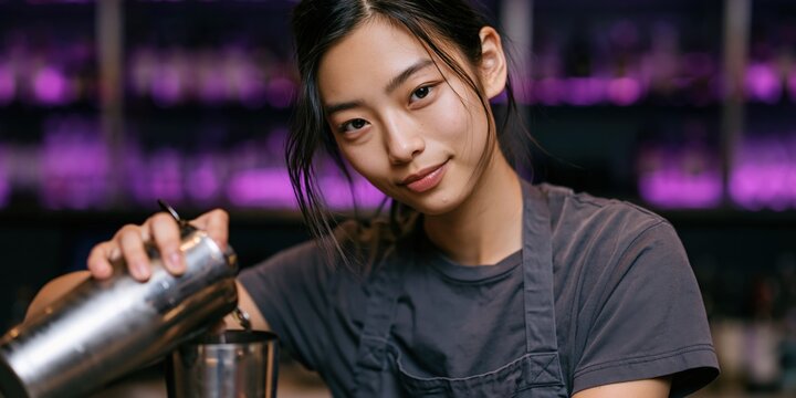 Female bartender pouring a cocktail from a shaker in a purple backlit bar for cocktail menu banner and nightlife content