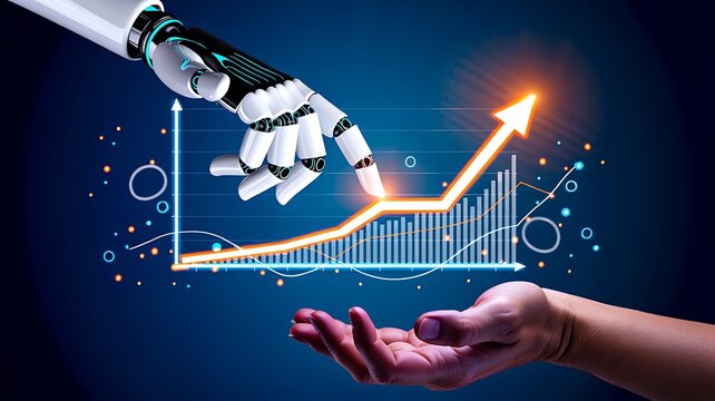Artificial intelligence robot analyzing business growth chart with financial data