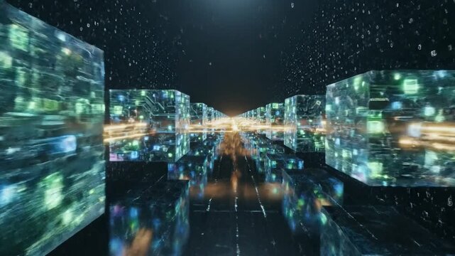 Abstract digital data blocks in a futuristic blockchain network tunnel with glowing lights and binary code streams