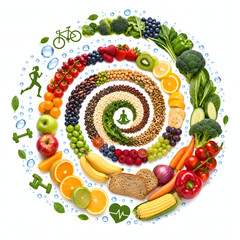 Healthy lifestyle spiral featuring organic fruits vegetables nuts and fitness icons representing holistic wellness and nutrition