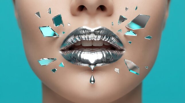 Close-up of metallic silver lips with shattered glass fragments on vibrant blue background
