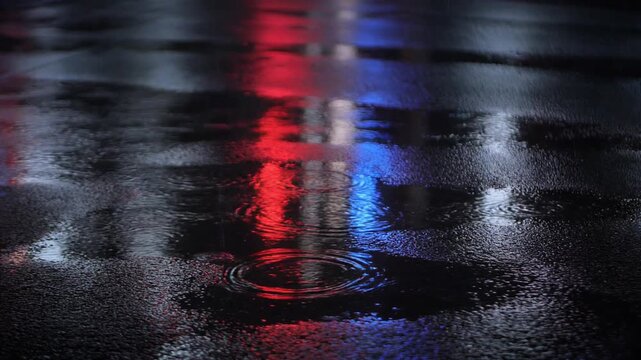 Rain falling on wet city asphalt at night. Red and blue neon light reflections in puddles with ripples. Cinematic urban street footage for moody atmosphere, crime scene context or b-roll.