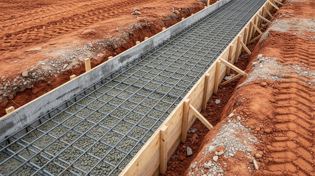 Foundation reinforcement mesh sits inside wooden formwork trenches prepared for pouring wet concrete on a construction site.