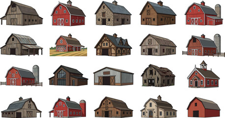 Vector illustration set of rustic farm barns including traditional red barns, stone stables, and silos isolated on white background. © ALOMGIR