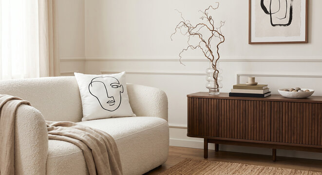 Minimalist living room interior featuring cream boucle sofa beside dark wood slatted sideboard cabinet with wooden sideboard abstract organic decor elements