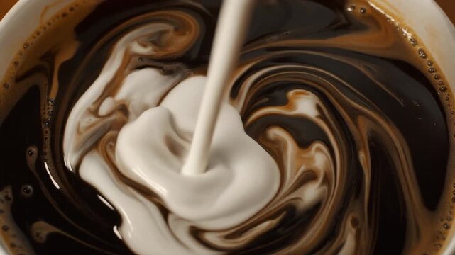 Cream pouring into black coffee cup. Close up view of white milk swirling in dark liquid creating marble patterns. Slow motion footage for cafe menu, morning breakfast and beverage advertising.