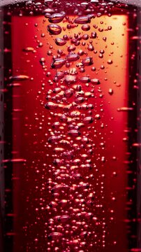 Effervescent bubbles rising through vivid ruby red liquid, backlit close up vertical drink background