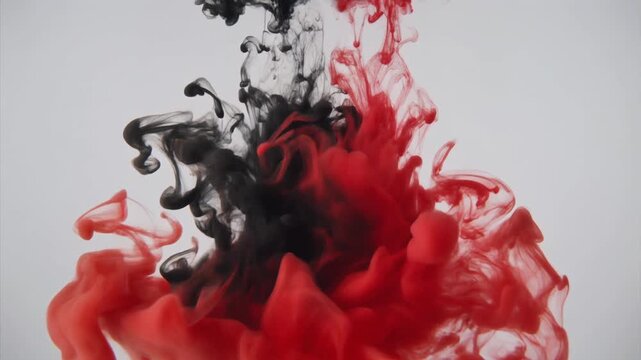 Red and black ink drops in water video. Vibrant pigment clouds swirling and mixing against a clean white background. High resolution abstract motion for creative backgrounds and artistic overlays.