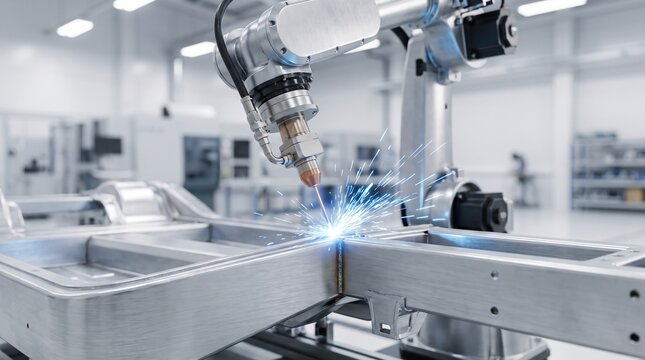 Industrial robotic arm performing precision metal welding on a component in a modern manufacturing factory production line.