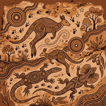 Aboriginal Art Style Kangaroos & Lizards on Outback Landscape