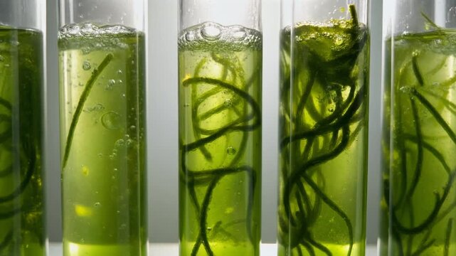 Green algae in test tubes macro video. Laboratory glassware filled with spirulina or chlorella culture and oxygen bubbles. Biotechnology research for biofuels, food science, and sustainability.
