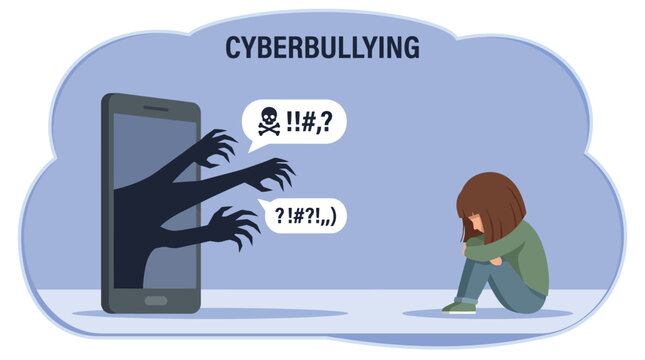 Vector illustration depicting a sad child experiencing online harassment from a dark phone screen showing aggressive signs of cyberbullying behavior