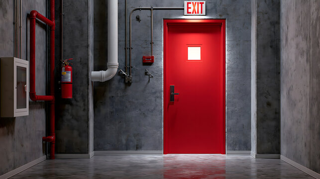 Red Exit Door in Industrial Hallway: A striking red exit door stands prominently at the end of a concrete industrial hallway, illuminated by an emergency exit sign.