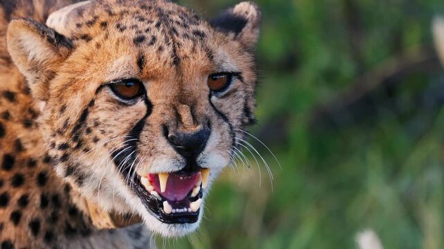 Snarling cheetah close up showing teeth, aggressive wild cat growling in the savanna, majestic spotted predator in nature documentary style