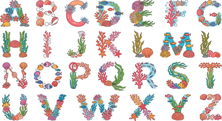 Underwater ocean alphabet vector bundle featuring English letters decorated with coral reef sea creatures fish shells and marine life illustrations © ALOMGIR