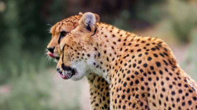 Majestic cheetah pair in African savanna, wild cheetahs with spotted fur licking lips, cinematic wildlife portrait of two predatory cats in nature