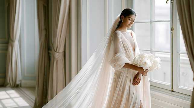 Ethereal Bride by the Window: A radiant bride, adorned in a flowing white gown and veil, delicately holds a bouquet of white roses while gazing out a grand window, bathed in soft, natural light.