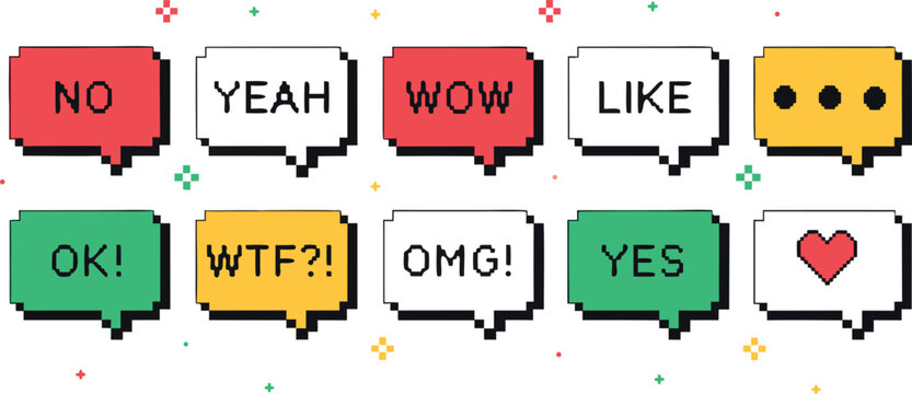 Set of pixel art speech bubbles with text, chat message boxes, comic book style dialogue clouds, retro gaming interface elements, vector illustration